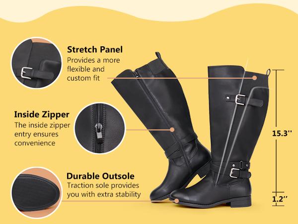 Women's Extra Wide Calf Low-Heel Knee-High Riding Boots - Ankle Strap, Sleek Design, Shoe, Footwear,shoes for back to school,back to school shoes