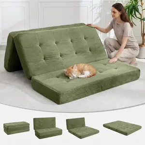 Garvee 6-Inch Tri-Fold Mattress - Foldable Floor Sofa Bed with High-Density Support Foam and Tufted Corduroy Fabric, Portable Guest Bed for Camping, Dorm, Living Room, Green, 75" x 54.3"