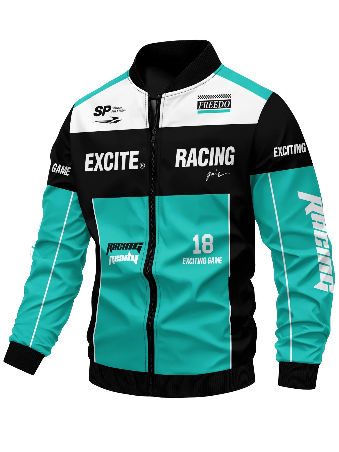 Men's Casual Racing Jacket, Fitted, Soft Shell Material, Speed Racing Pattern, Zipper Closure, Perfect Choice for Spring & Fall
