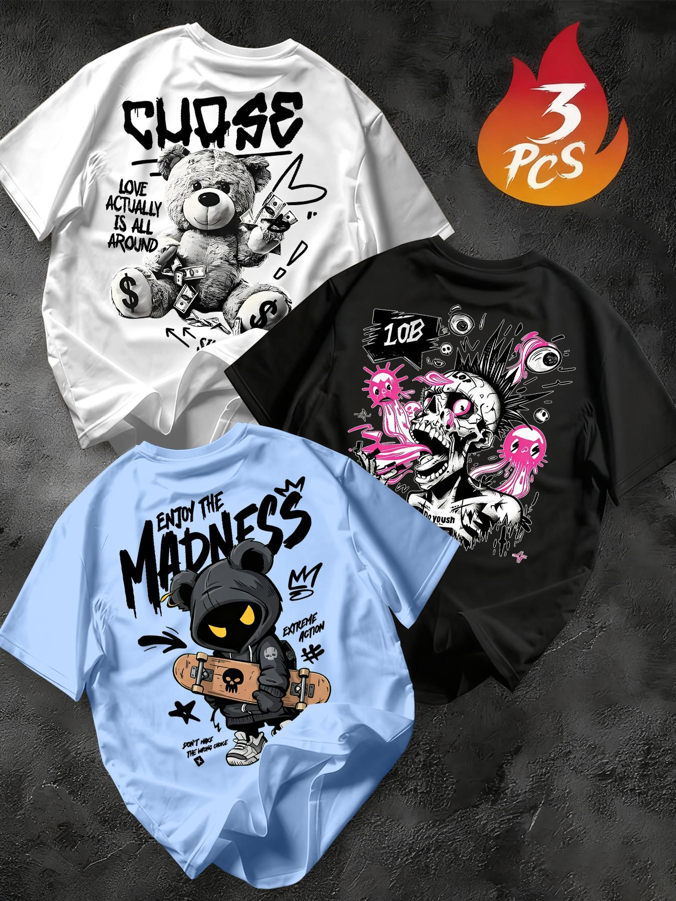 Men's 3-Pack Graffiti Round Neck Short Sleeve T-Shirts, Unique Cool Prints, Loose Fit, Casual Street Style, Streetwear, Daily Wear, Menswear