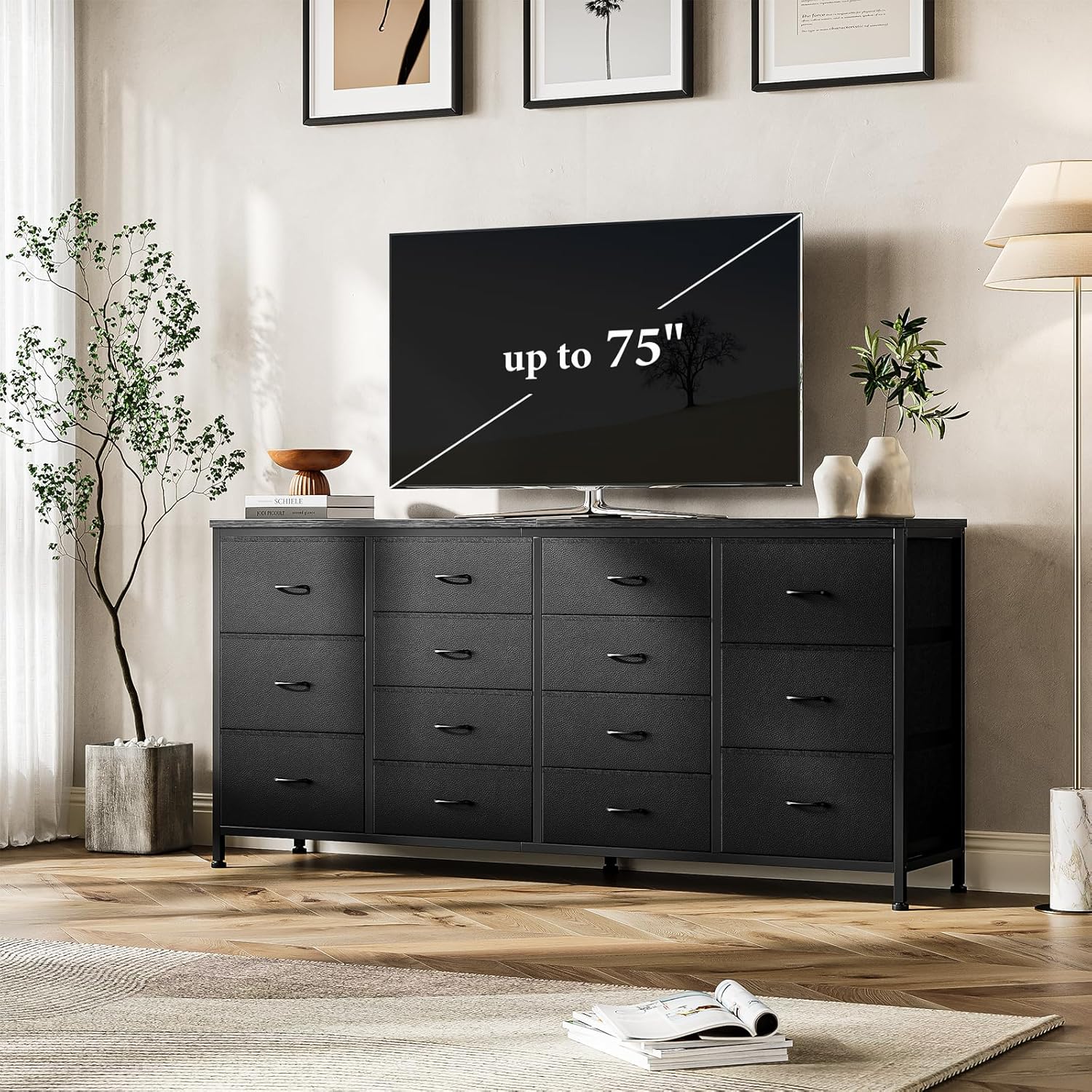 14 Drawer Dresser, 63 Inch Black Fabric Dresser TV Stand with Power Outlet for 65 70 75 Inch TV, Long Entertainment Center for Bedroom, Closet, Living Room, Entryway