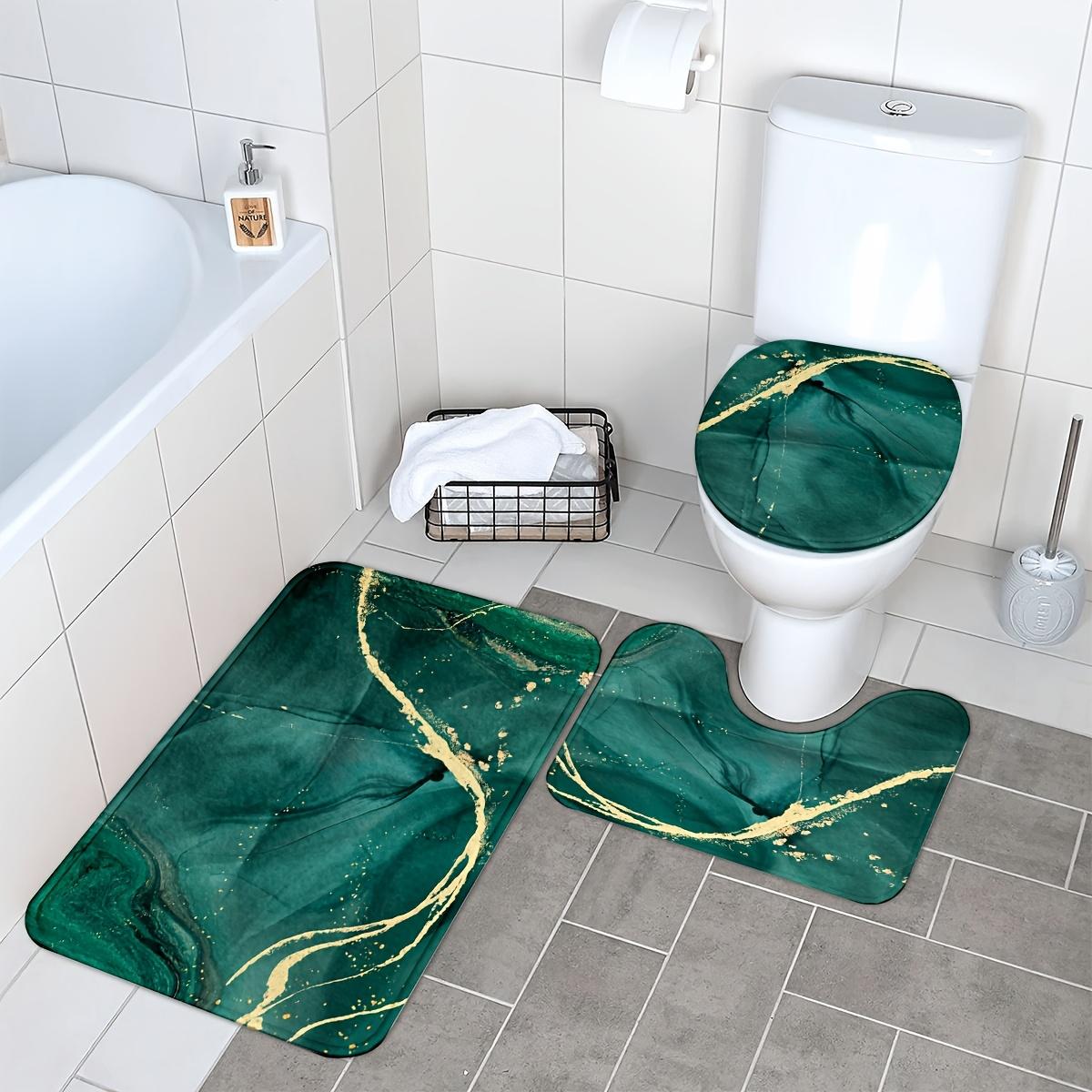 3PCS Green Marble & Golden Bath Rug Set, Fleece Non-Slip Absorbent Mat, Includes U-Shaped Rug and Toilet Lid Cover for Decor