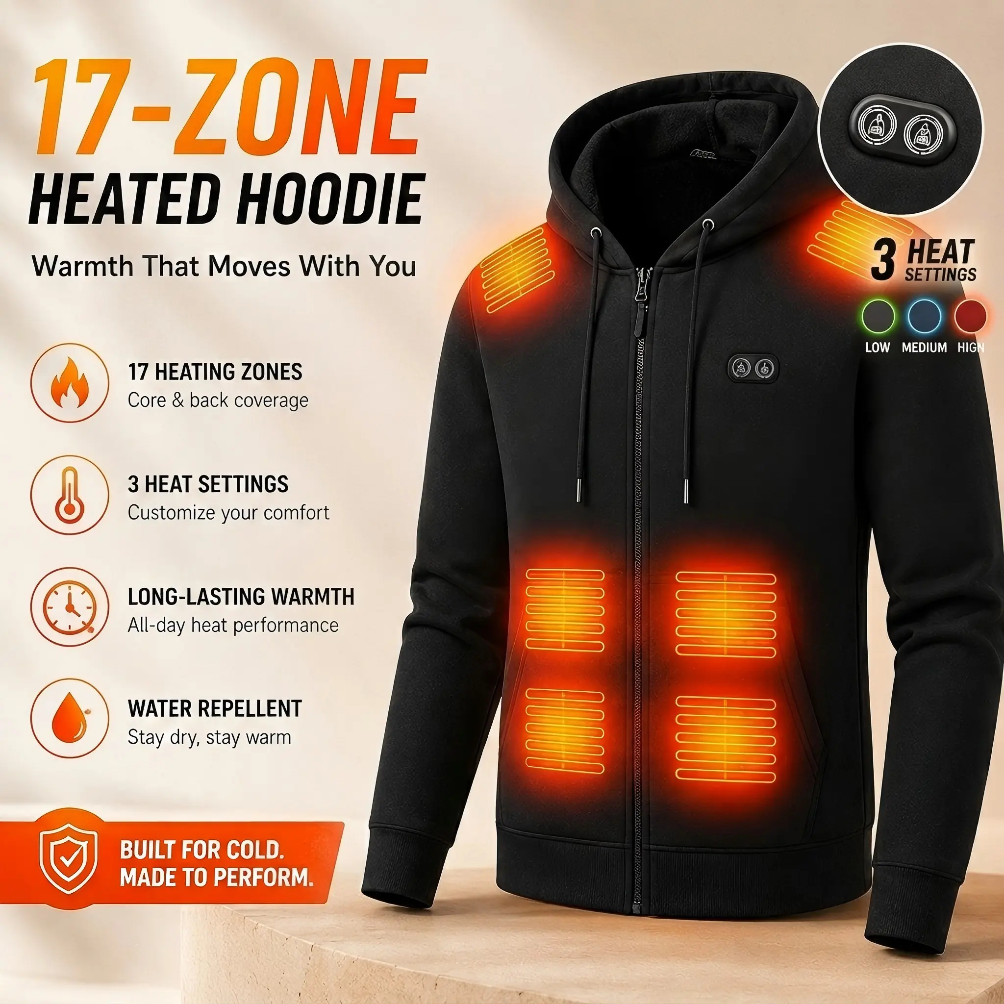 17-Zone USB Electric Heated Fleece Jacket for Men & Women, Smart Dual Control Heated Hoodie Full-Zip Thermal Tops for Winter Camping Commuting Gift