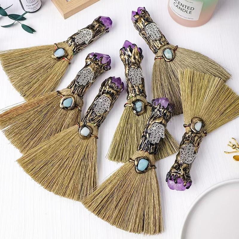 Natural Amethyst Fatima Handheld Mini Witch Broom, Vintage Handmade Magic Broom, Turquoise & Amethyst, Natural Straw Bristles, Healing Energy