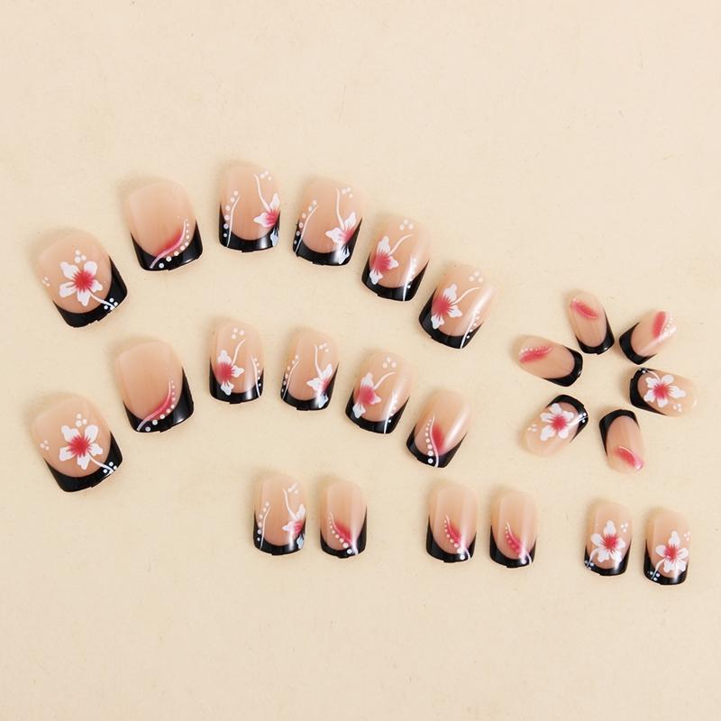 24 pieces short square black French blush flower press on nails press on nail art decals fake nails Flower Design Nails French Tips Nails