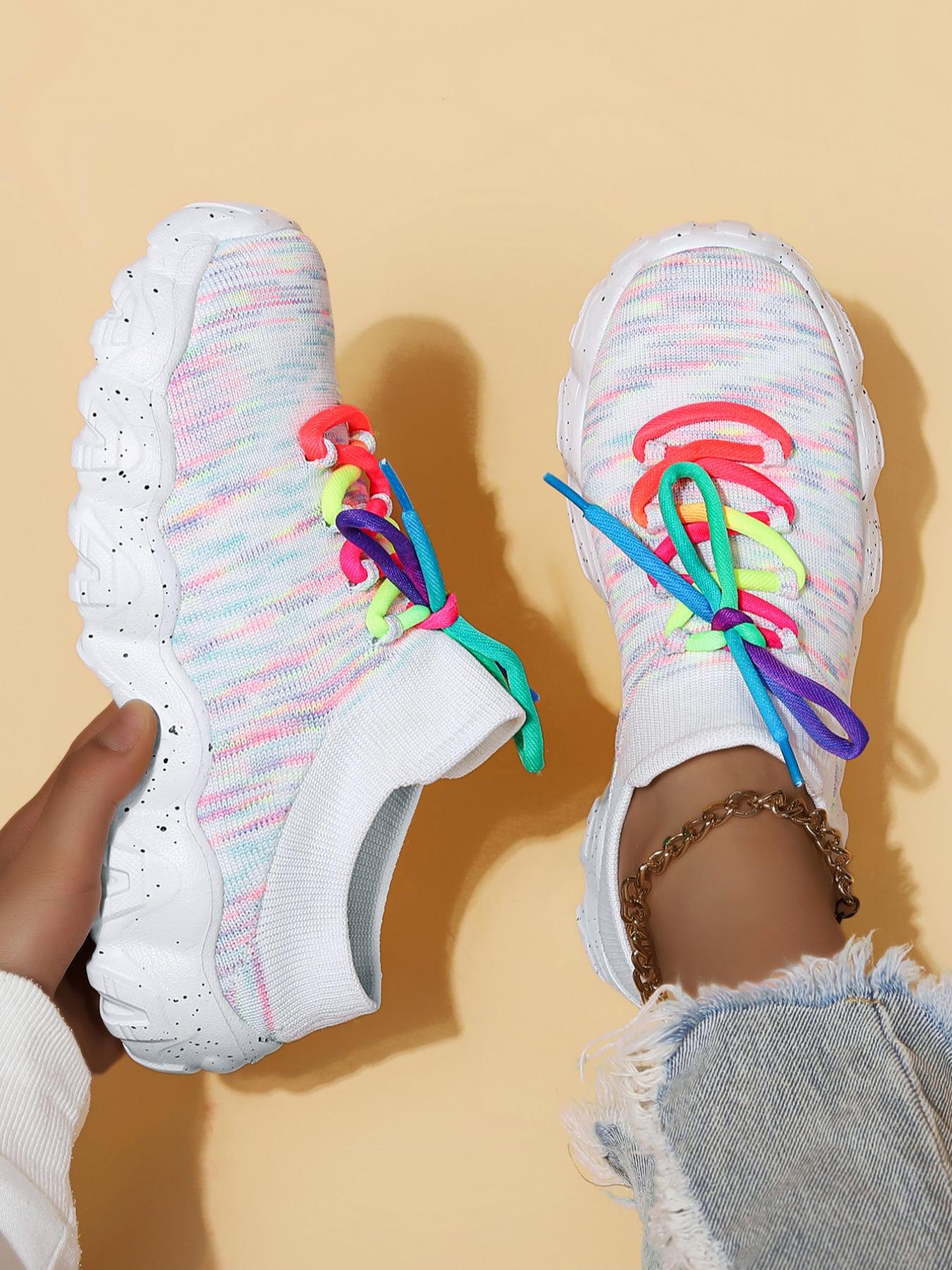 Women's Fashionable Colorblock Lace Up Low Top Sneakers, Casual Comfortable Sports Knitted Running Shoes, Female All-match Round Toe Shoes for Daily Wear