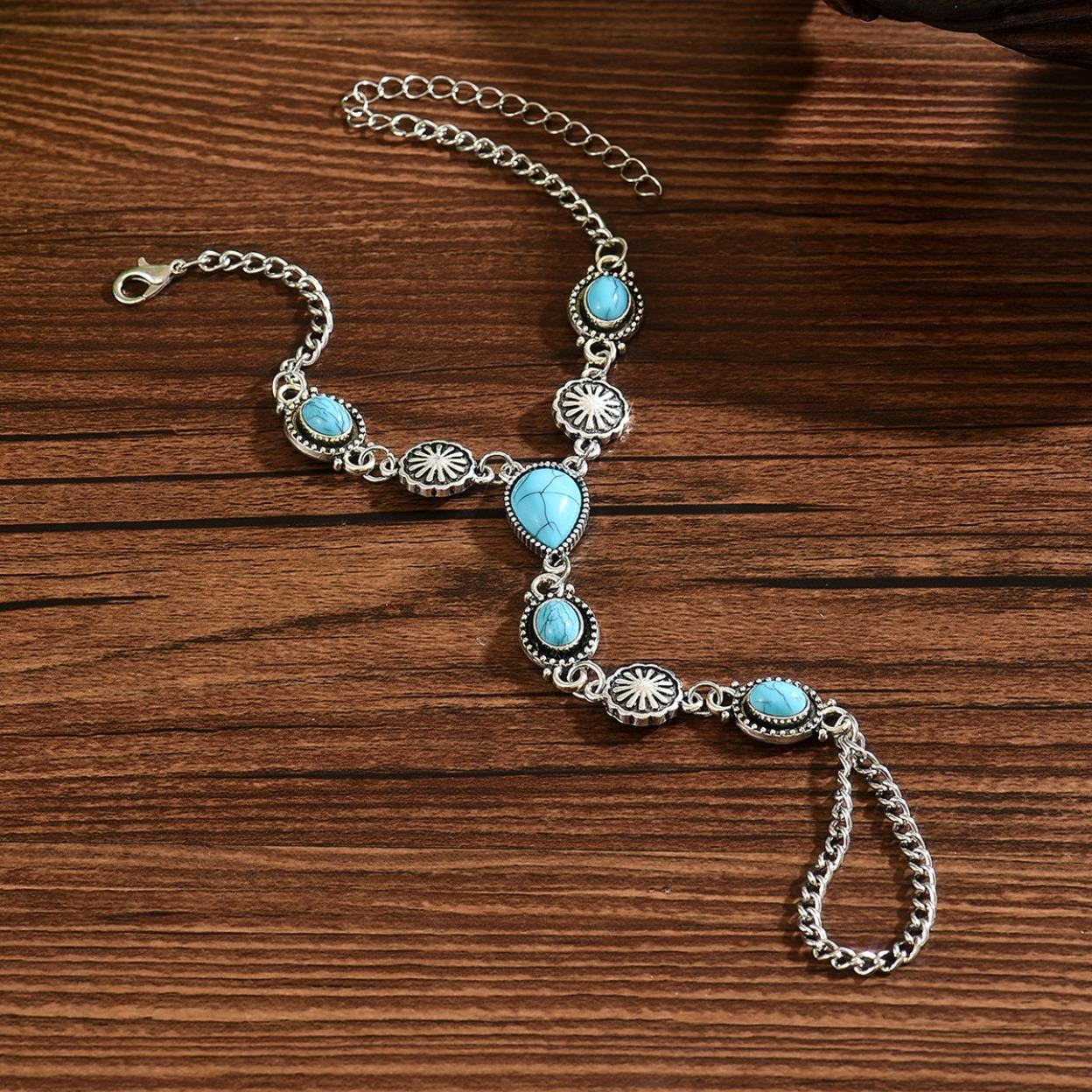 Women’s Ethnic Alloy Cuff Bracelet, Vintage Boho Statement Jewelry With Oval Faux Turquoise And Water‑Drop Charms, Stylish Arm‑Candy Accessory For Festivals, Beach And Daily Boho‑Inspired Outfits