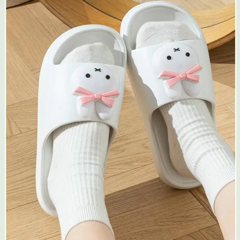 Miffy Cartoon Slippers Thick Sole One Strap Slides Cute Bowknot Rabbit Beach Sandals for Women Summer Indoor Outdoor Kawaii Gift