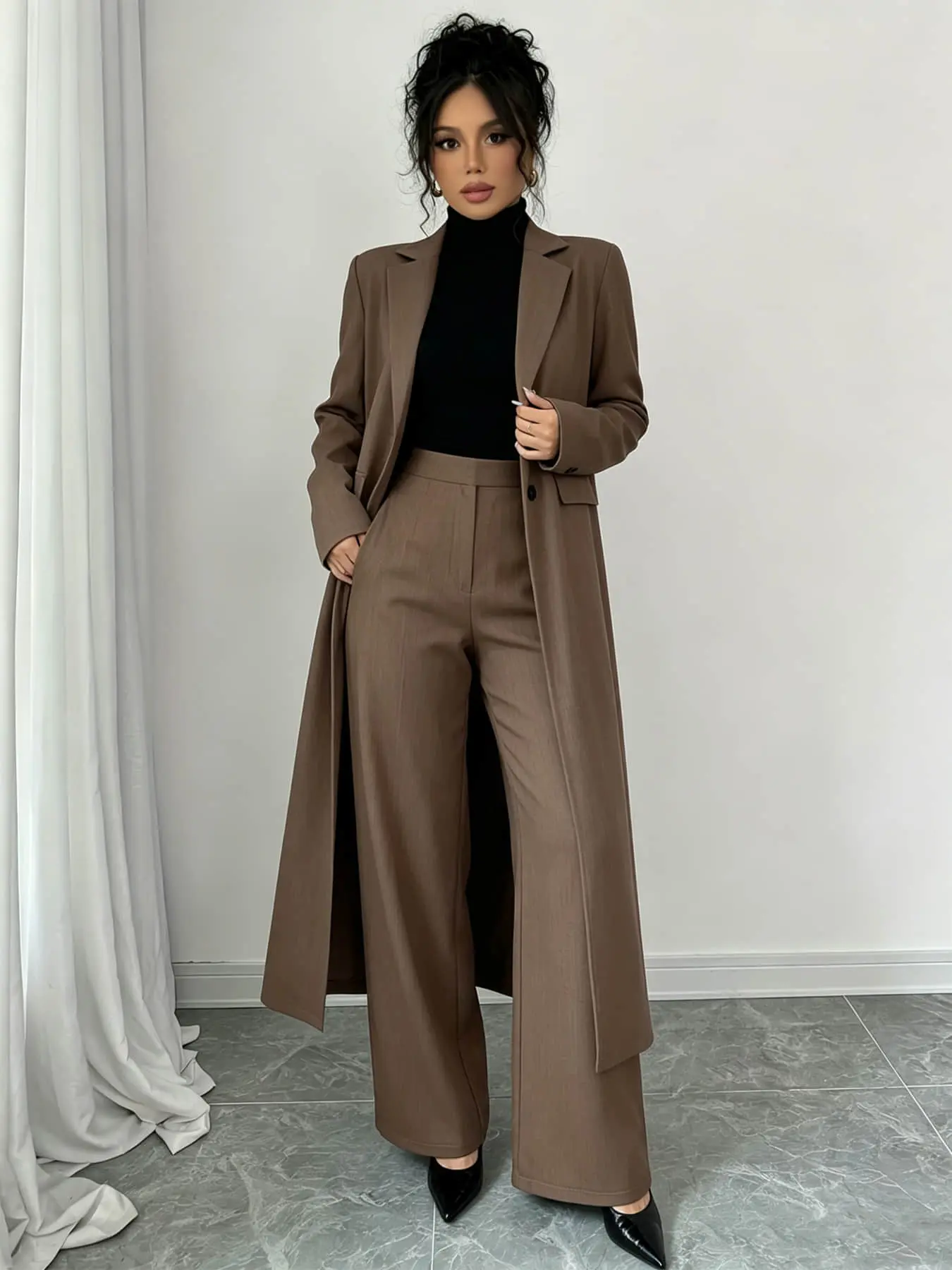 Two piece women's fashionable and casual long suit jacket and pants set, suitable for autumn and winter, suitable for home, indoor, and outdoor wear