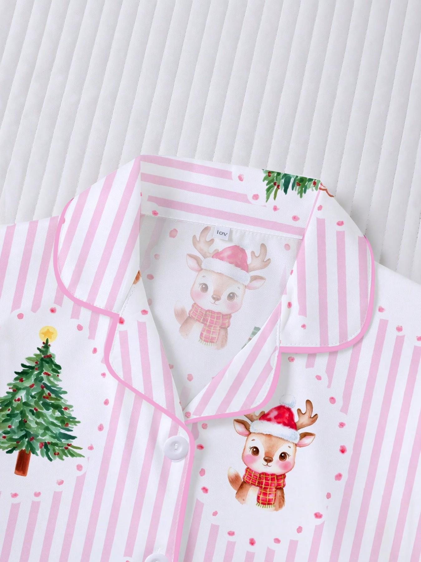 Christmas Pajamas, Striped Santa & Reindeer Print, Long Sleeve, Fitted, Soft & Breathable, Holiday Party Set