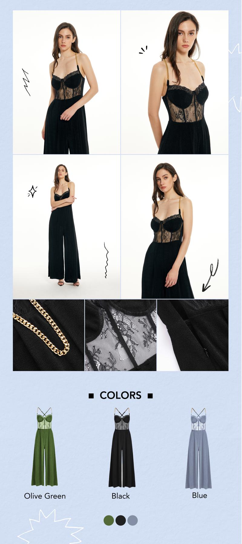 Cider [3 colors, size 0-26] Lace Corset Chain Cross Wide Leg Jumpsuit