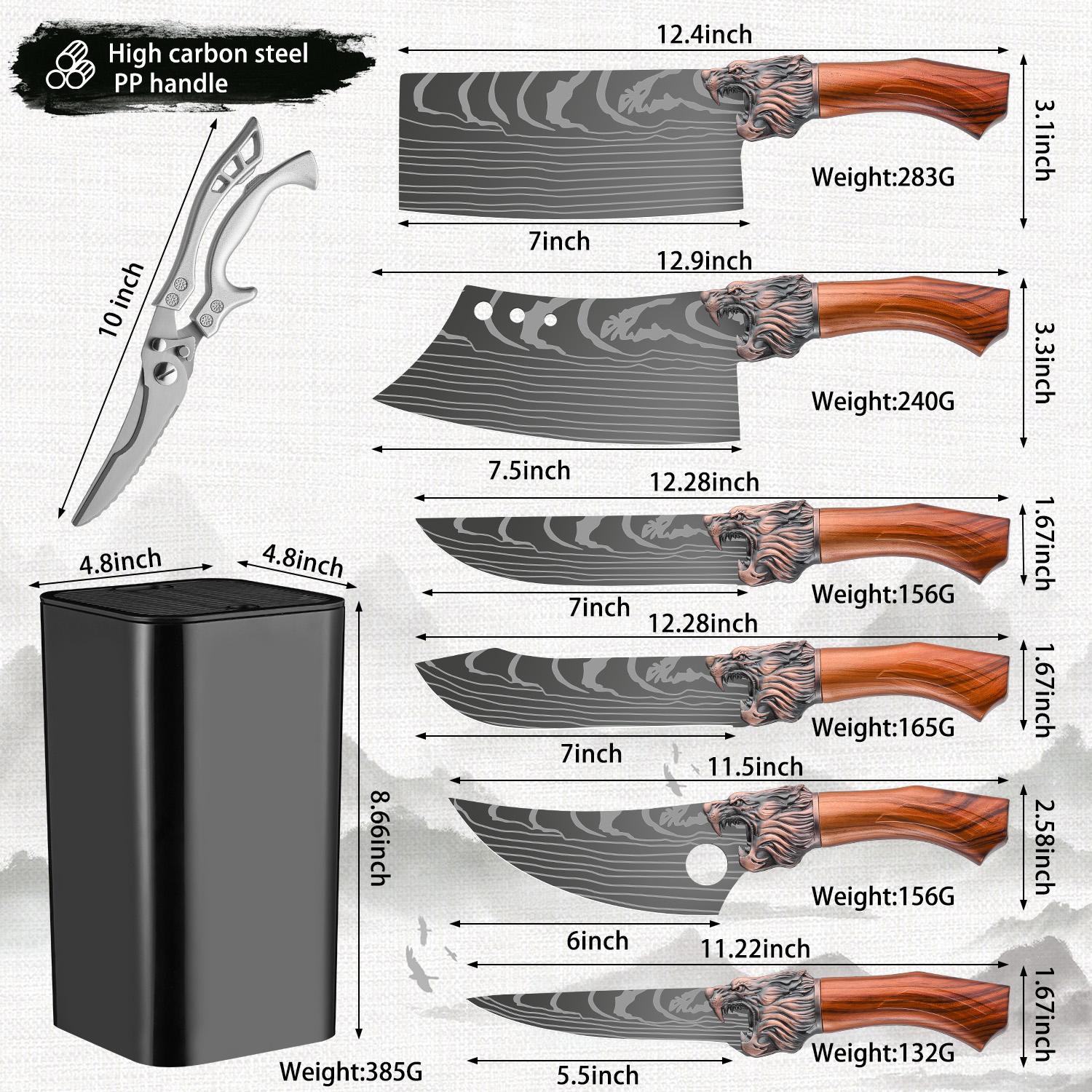 Multifunctional kitchen knife set, 7 different shapes of multi-purpose knives and 1 sharp kitchen scissors, suitable for home kitchen, restaurant back kitchen cutting meat, deboning, cutting sashimi, chopping bones