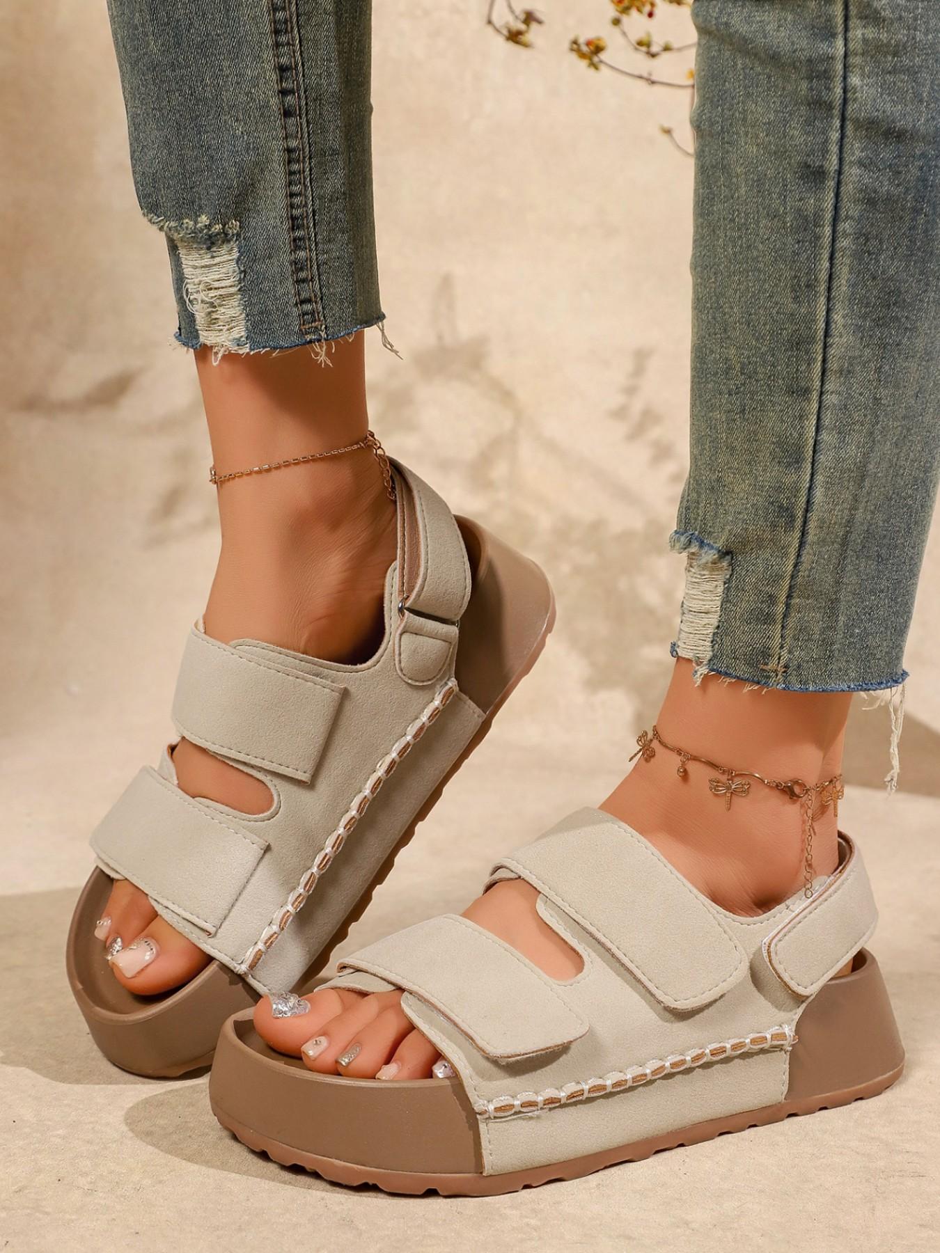 Summer Boken Thick Sole Sandals for Women, 2026 New Velcro Platform Shoes, Vintage Textured Heel, Casual Beach Footwear