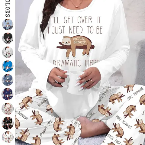 [Plus Size] Two-Piece Set Cartoon Animals Print Tee & Elastic Waist Pants Pyjama Set, Round Neck Long Sleeve T-shirt & Trousers Set, Women's Sleepwear for Spring & Fall, Casual Loungewear Sets, Casual Loungewear Pjs, Homewear Pajamas Set