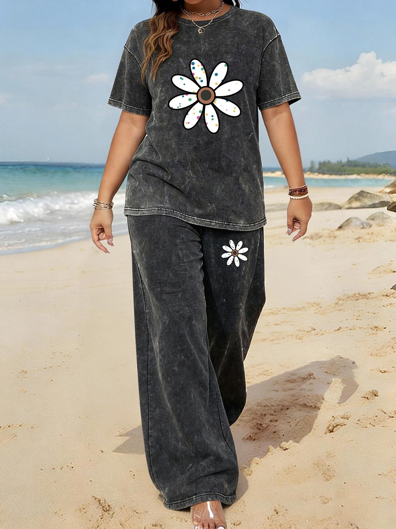 Spring and Summer Sports Plus Size Two-piece Set with cartoon print, Tie-dye Washed Vintage Short Sleeve T-shirt and Wide-leg Pants, Plus Size Women's Jogging Outfit