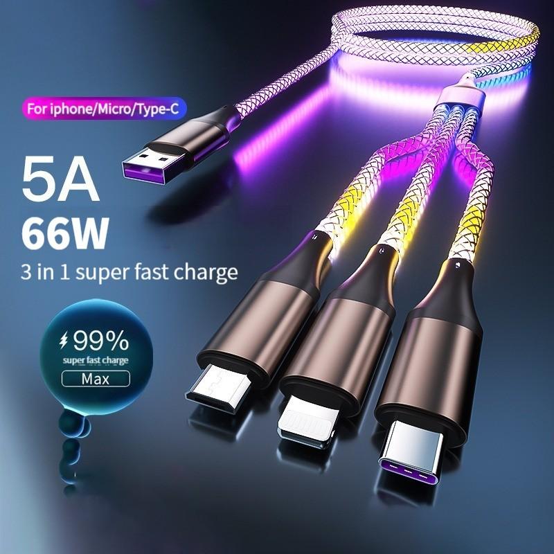 RGB Flow Data Cable 66w Fast Charging, 3-In-1 Car Charger with Ambient Breathing Light, Universal Vehicle USB-C Cable