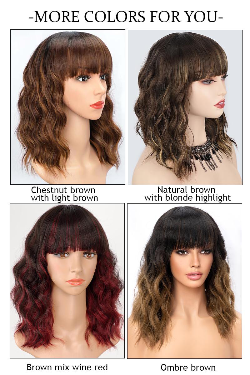 [ AISI HAIR ] Curly Bob Wig with Bangs Short Wavy Wine Red Color Wigs for Women Bob Style Synthetic Heat Resistant Bob Wigs