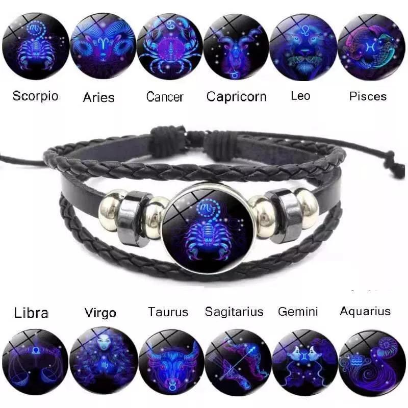 Luminous 12 Zodiac Constellation Sign Braided Couples Leather Bracelet For men Black Rope Charm Party Grow in the dark Jewelry