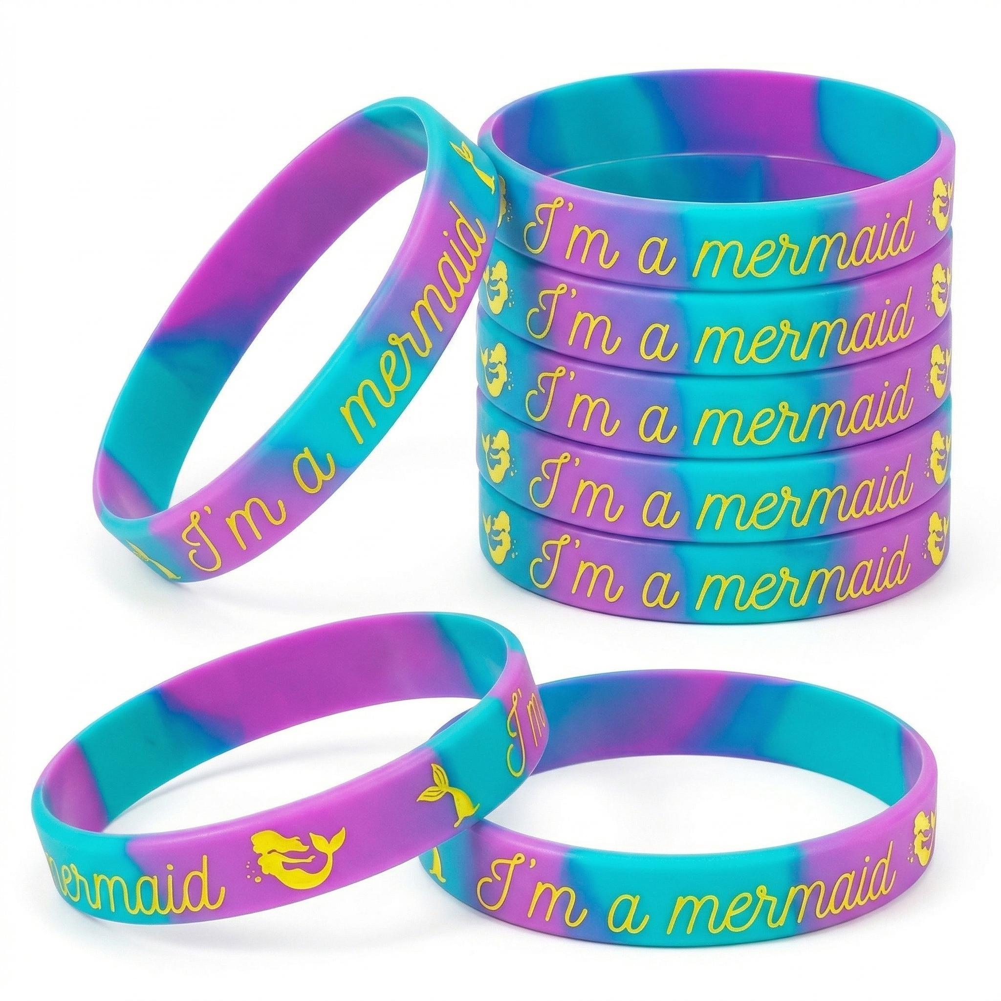 24 Pcs Kids Mermaid Silicone Bracelets, Marble Rubber Bands, Ocean Theme Party Gifts, Birthday Favors, Classroom Rewards