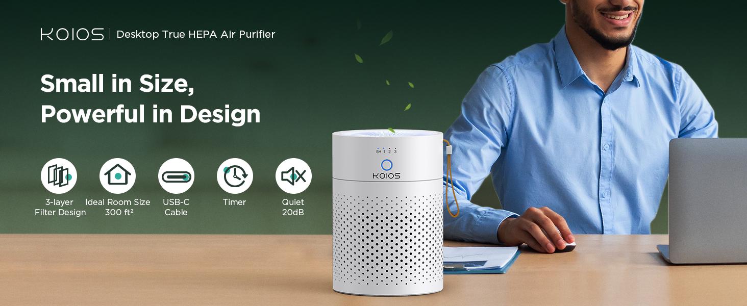 KOIOS 2 Packs Portable Air Purifier Gifts H13 True HEPA Filter for Desktop Office Car Pets with USB Cable, Small Air Cleaner, Night Light, Timer, Remove Smoke, Dust, Odors, Pollen Household Appliances, Quiet Operation, 3 Fan Speeds, 3-Stage Filtration