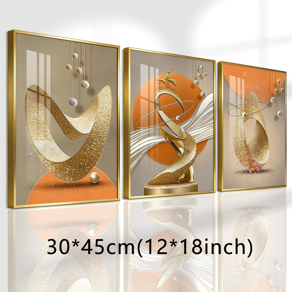 3 Counts Aluminum Alloy Framed Painting, Modern Abstract Golden Sculptural Art Pictures, Home Decoration For Living Room, Bedroom, Office, Restaurant, Hallway Wall Decor, Odorless Print Artwork, Luxury Perfect Gift For Friends And Family