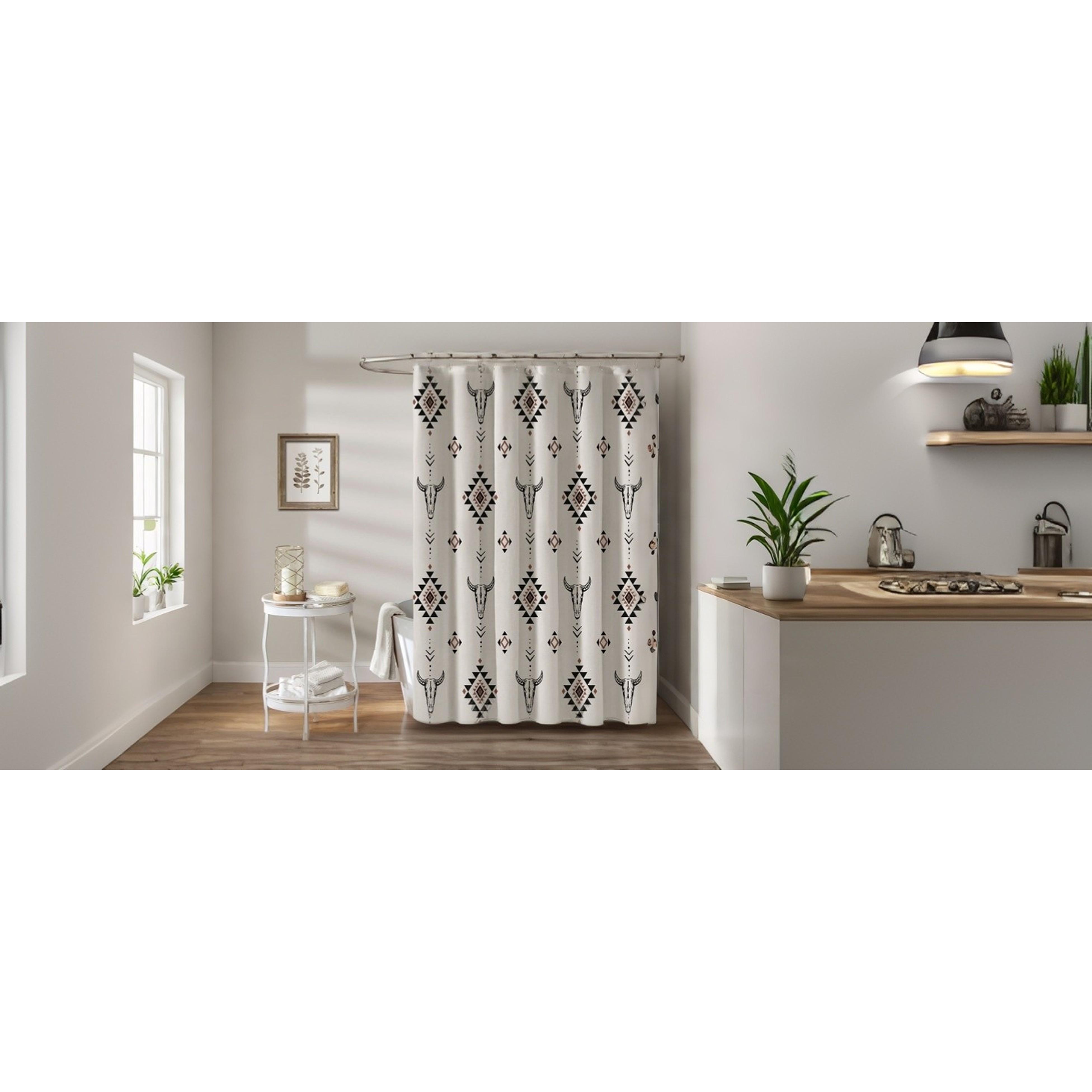 Western Aztec Linen Shower Curtain- Boho Farmhouse Fabric Shower Curtain Set, Ethnic Southwest Bull Skull Cow Shower Curtains for Bathroom, 72x72 Bath Curtain