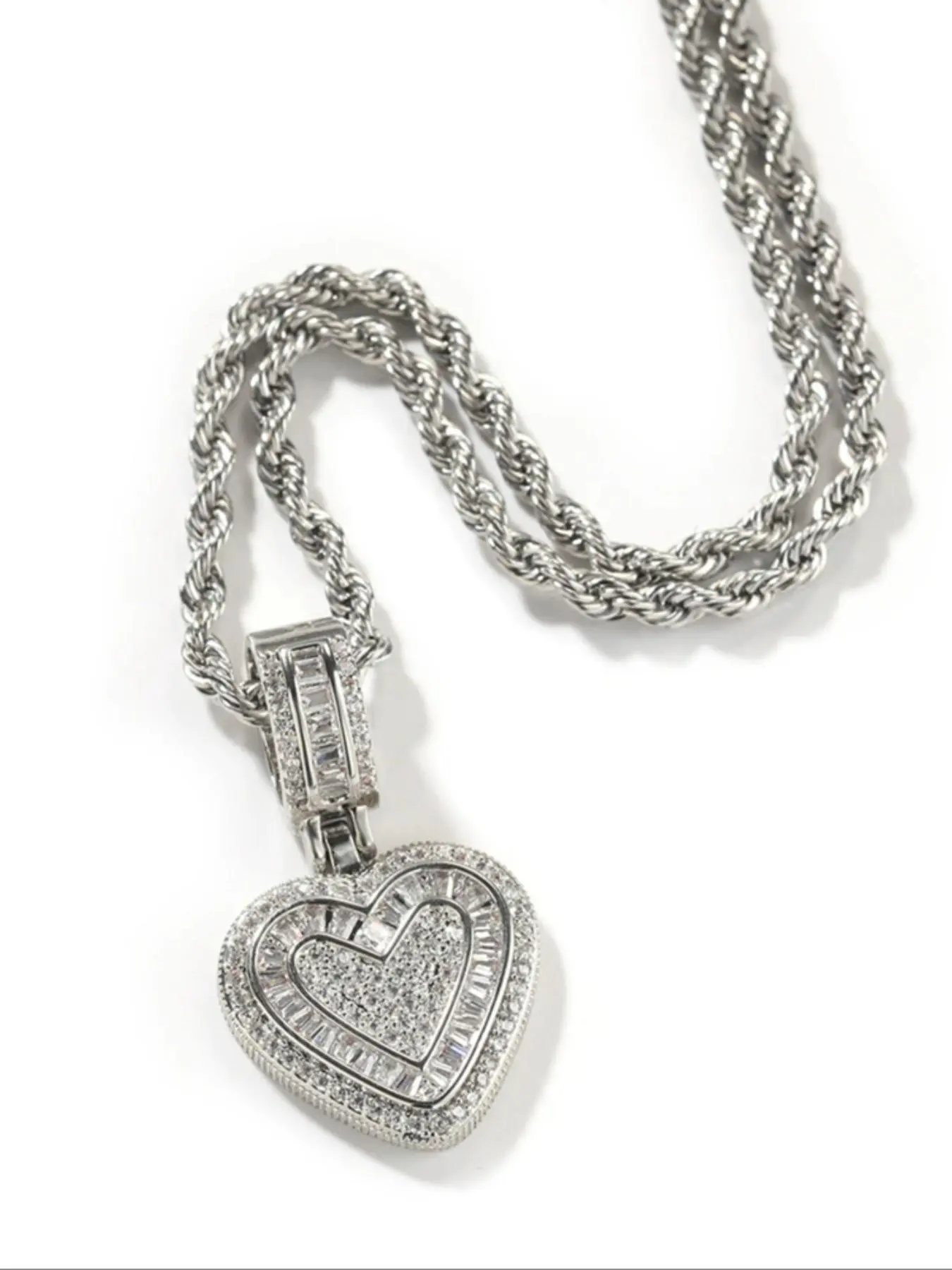 Unisex Hip Hop Heart Pendant Necklace, Men's Cubic Zirconia Heart Charm Jewelry, Women's Gift, Fashion Accessories, Bling Necklace