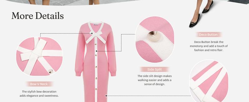 Wenrine Women‘s V Neck Sweater Dress Fall Long Sleeve Button Knit Bodycon Color Block Bow Tie Elegant Midi Dresses