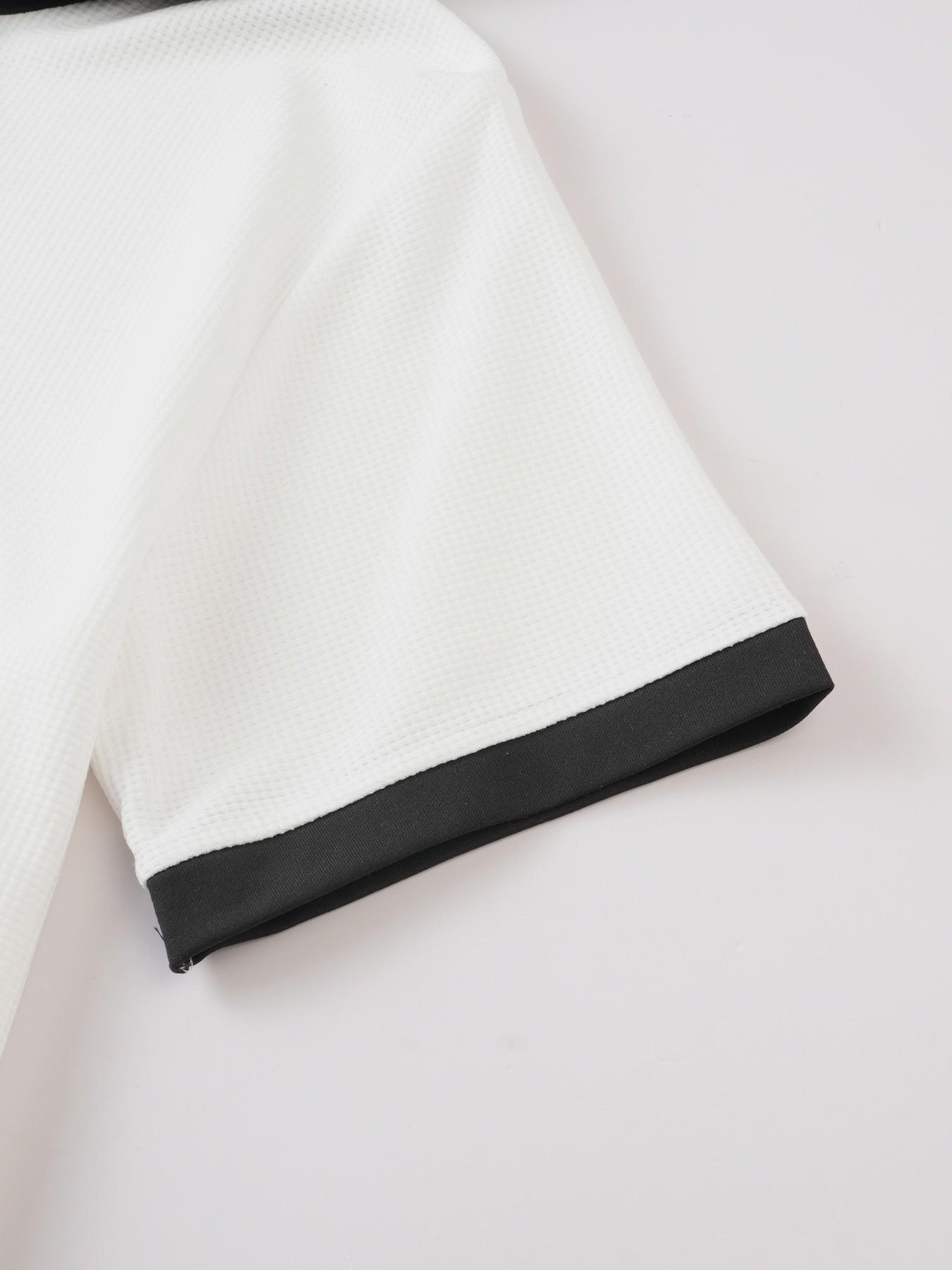 New men's waffle knit polo shirt with hood - stylish contrasting color hood and cuffs, semi-open buttoned collar, short sleeves, and fitted design. Perfect for casual outings, vacations, and daily trendy street style.