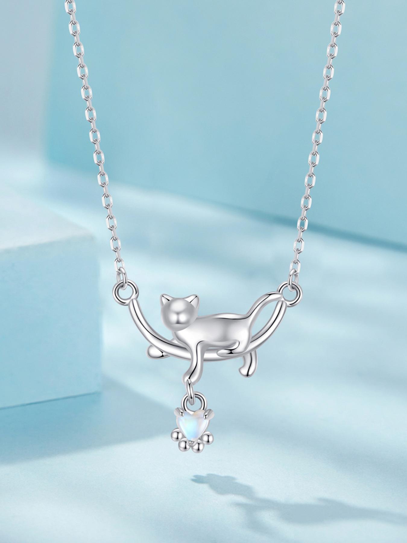 925 Sterling Silver Cute Cat Design Pendant Necklace for Women, Fashion Jewelry for Party, Daily Clothing Decor, Trendy All-match & Exquisite Jewelry for Birthday Gift