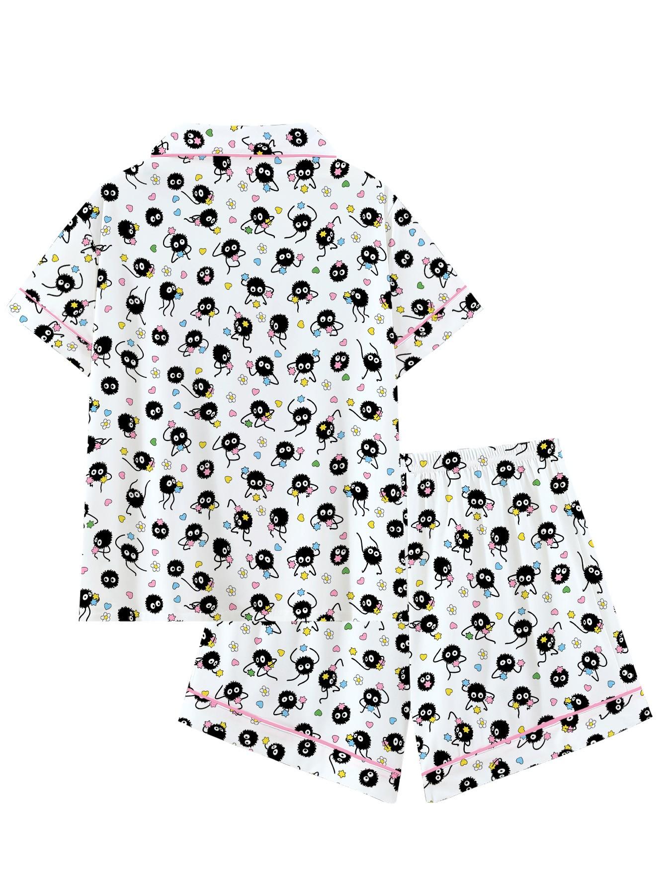 Cartoon Print Women's Pajama Set, Pjs, Comfortable Two-Piece, Short Sleeve Button-Up Top and Elastic Shorts, Casual Home Wear, Loungewear, Nightwear, Party Gift