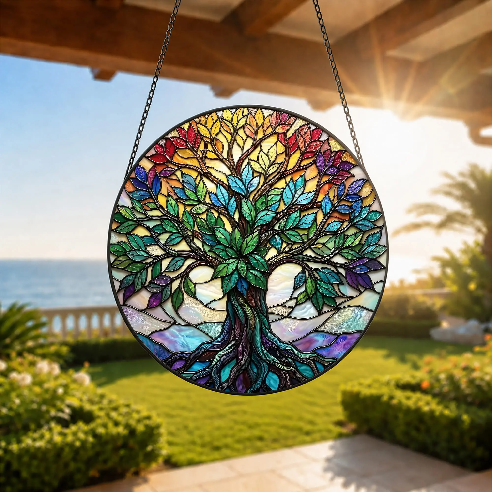 Tree of Life Stained Glass Suncatcher Window Hanging, Colorful Family Tree Home Decor, Meaningful Gift for Mom