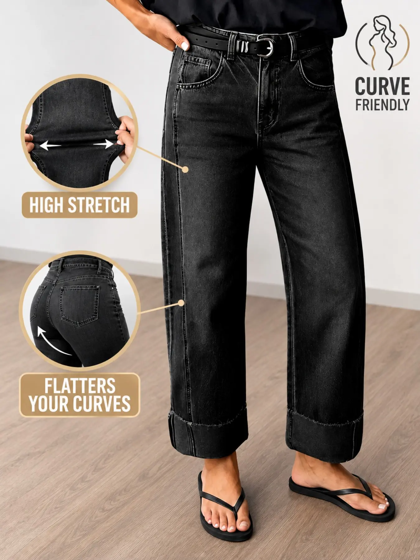Plus Size High Waist Stretchy Straight Leg Jeans, Side Seam Contrast Hemmed Nine Inch Wide Leg Casual Long Pants