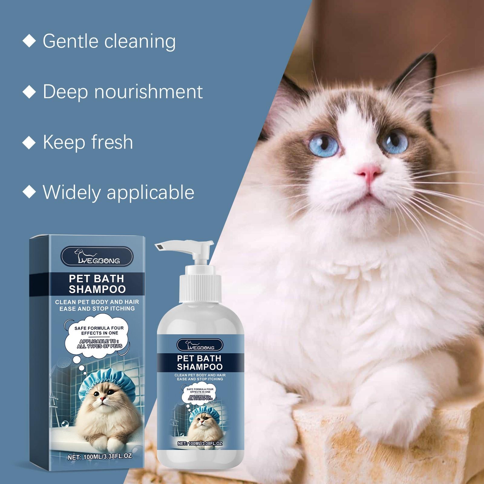 Pet Shampoo for Dogs, Cats and Kittens. Natural mild ingredients gently clean fur, soothe itchy skin and remove odors. Deeply nourishes dry coats to keep hair fluffy, soft and shiny. Safe formula, suitable for all pet breeds.