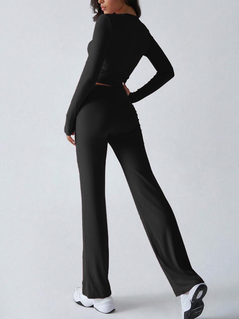 2026 Two Pieces Fall Women Clothes Y2K Sporty Casual Home Solid Color Fitted Long-Sleeved T-Shirt And Long Pants Set