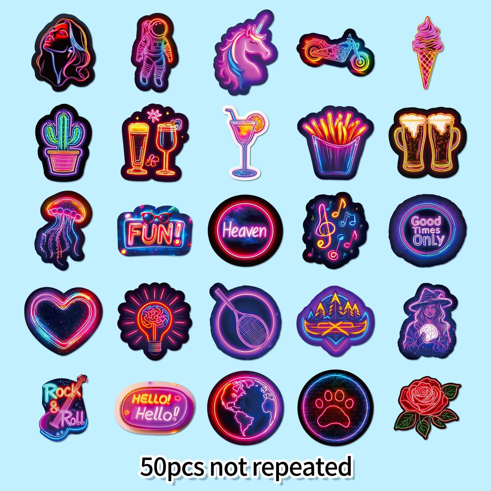 50 Sheets Creative Neon Graffiti Stickers for Luggage & Laptop Decals, Unique Non-Repeating Designs, Perfect Decorations