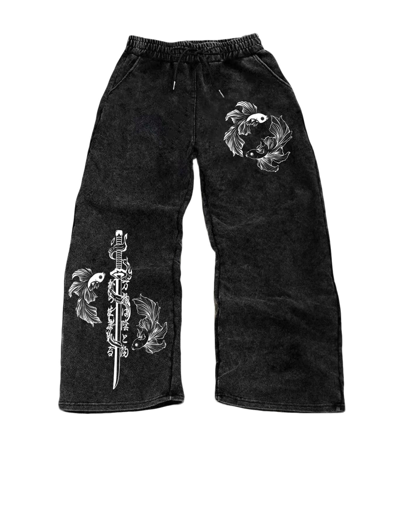 Men's Long Pants, Vintage Washed Jeans, Fashion Jean Bottoms, Carp and Samurai Sword Print Pattern, Urban Japanese Street Style, Casual Fitted Pants for All Seasons, Fashion, Streetwear