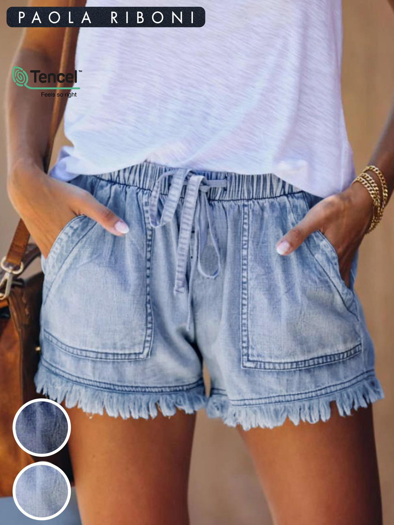 Women's Plain Drawstring Waist Denim Shorts, Casual Fashion Pocket Shorts for Daily Wear, Ladies Summer Bottoms Women's Plain Drawstring Waist Denim Shorts, Casual Fashion Pocket Shorts for Daily Wear, Ladies Summer Bottoms