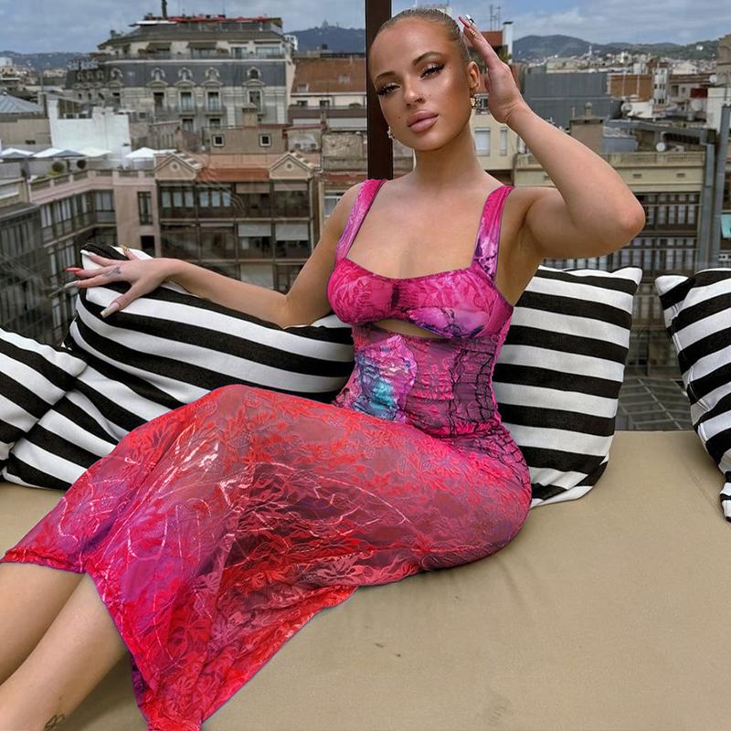Sexy Mesh Print Sheer Sleeveless Dress Women's 2025 Summer Vacation Holiday New V Neck Bodycon Slim Casual Elegant Dress for Party Club Maxi Dresses