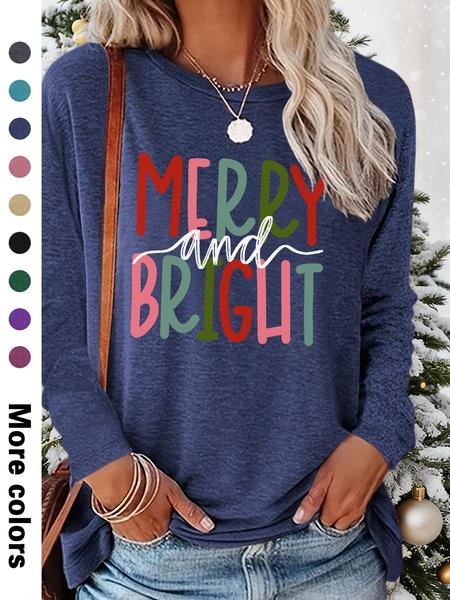 Women's Christmas Casual Letter Print Round Neck Long Sleeve T-Shirt, Comfortable Fabric, Available in 9 Colors, All Seasons Wear