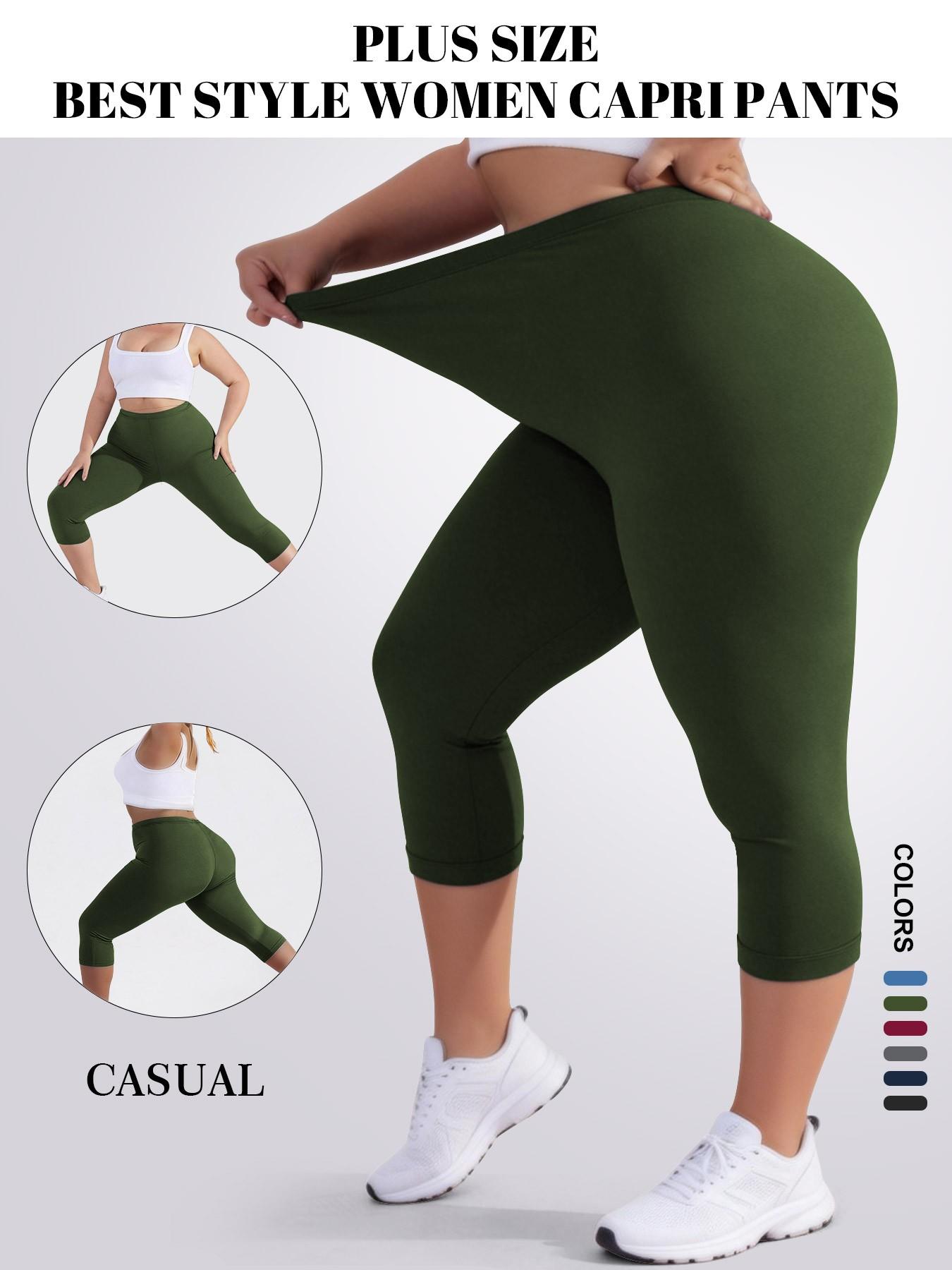 Plus Size Women's High Elasticity Capri Pants, Soft Comfortable Fabric, Non-Transparent Yoga Leggings for Leisurewear, Multiple Color Options, Elastic Waist Leggings