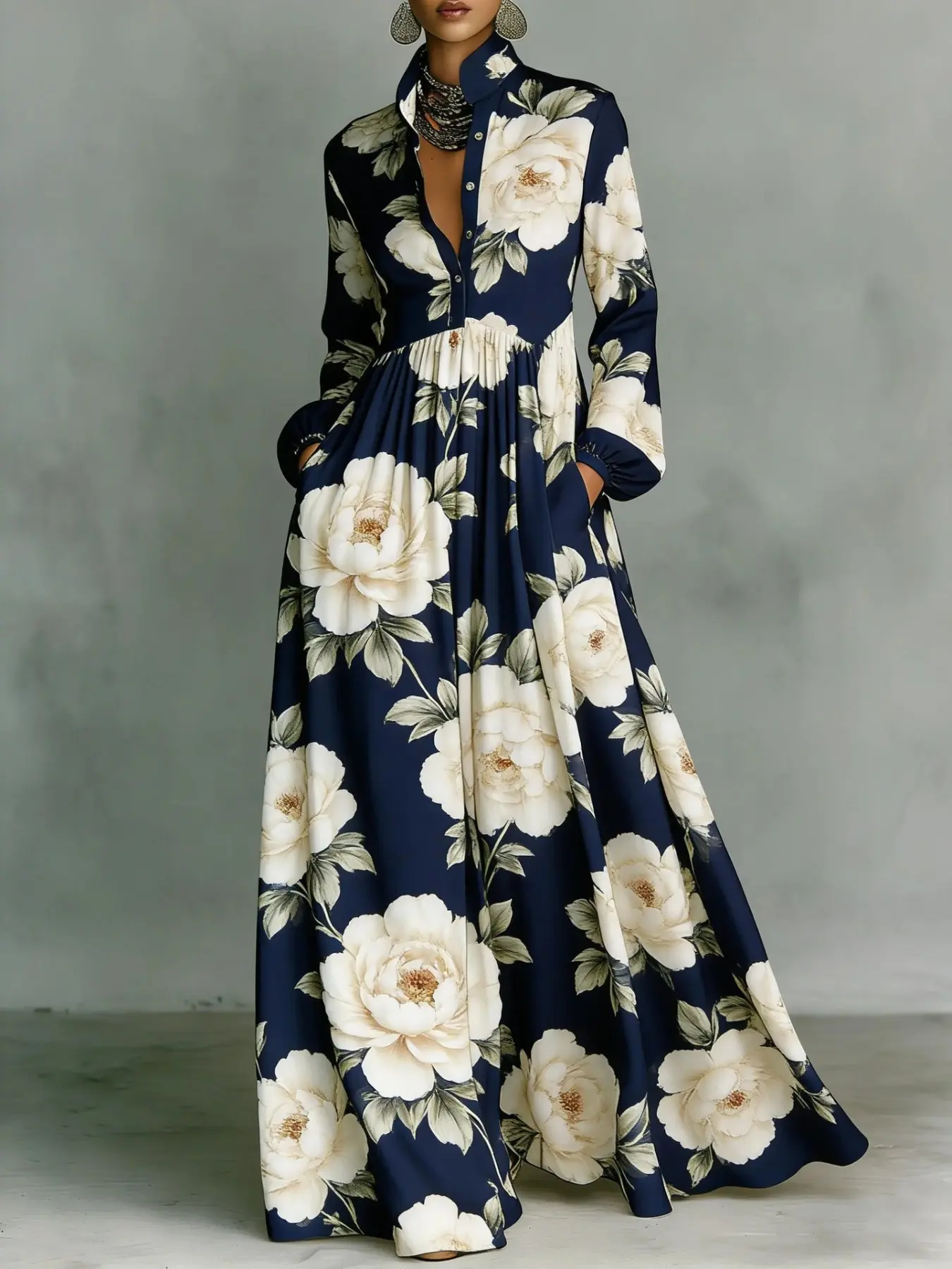 2026 Fall Winter New European Style Waist Cinch Slim Long Sleeve Floral Printed Dress, Elegant Vintage Casual Dress, Single Button Hemmed Sleeves, Button Up Dress
