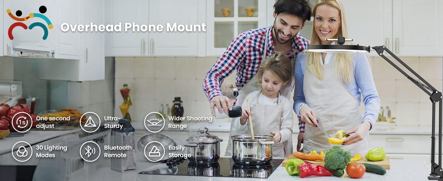 Overhead Camera Mount with Selfie Ring Light and Phone Holder, 10" LED Ring Light for Desk with Stand and Remote for iPhone,Phone Tripod with Light for Video Recording Vlog TikTok Live Stream Cooking