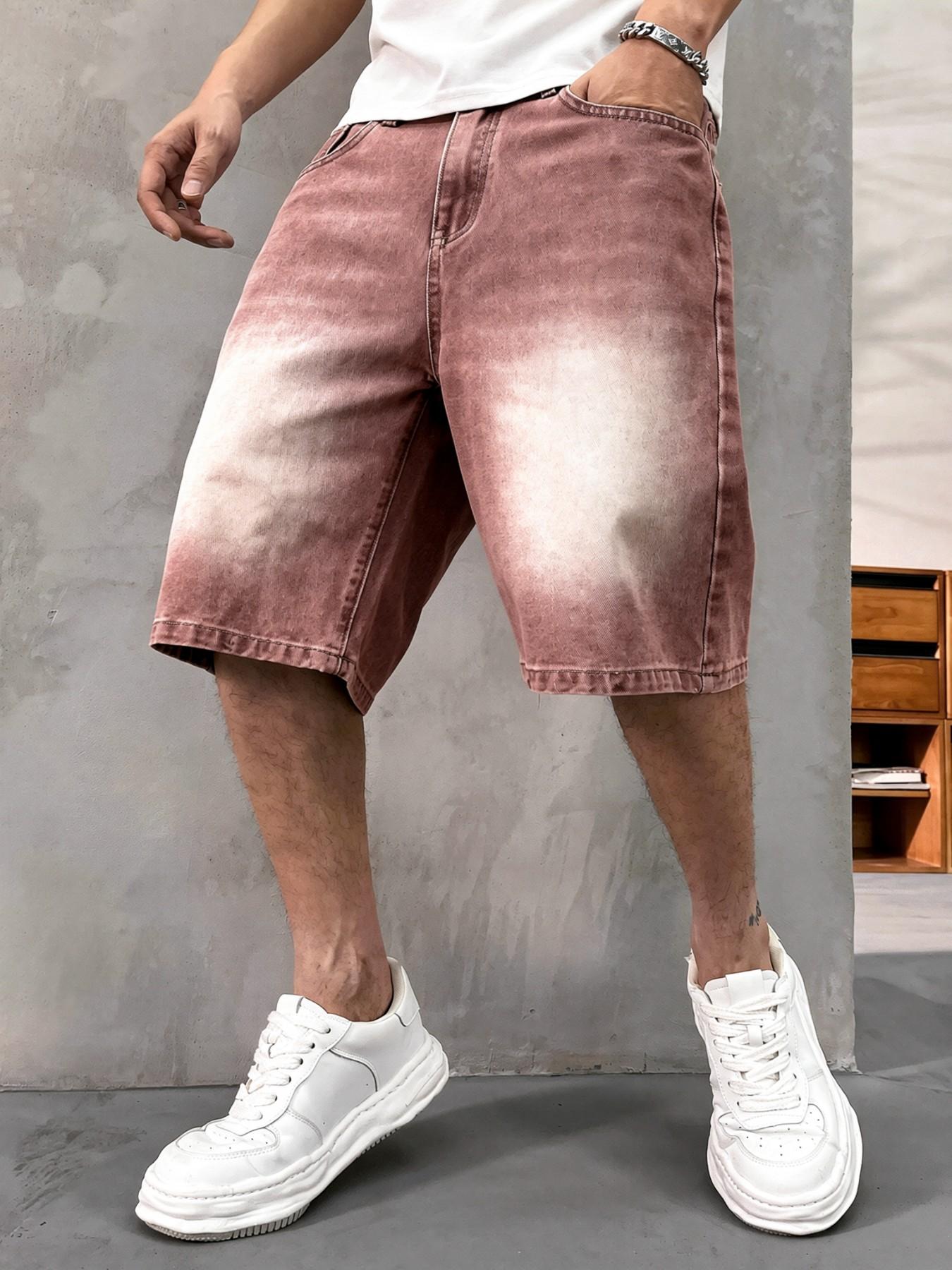 Men's washed retro color denim shorts, trendy, versatile, loose straight-leg casual streetwear denim five-point pants