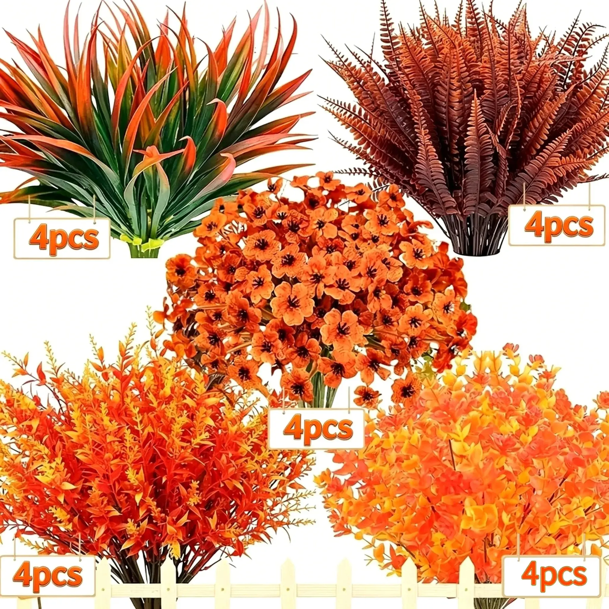 20Pcs DIY Free Match Fall Artificial Flowers Combo Orange Silk Stems Harvest Thanksgiving Halloween Decor, Indoor Outdoor Porch Vase Table Centerpiece Farmhouse Home Decorations