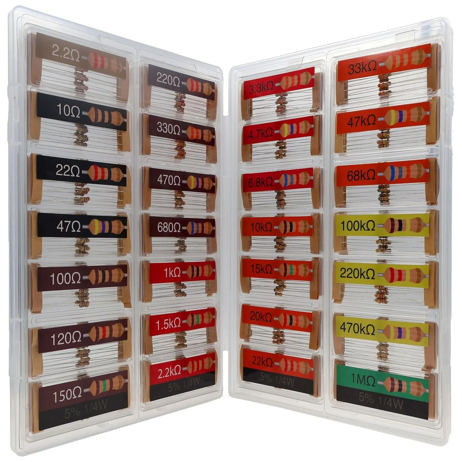 EEEEE 1/4w 28 Values 560pcs with 5% Carbon Resistor Assortment Kit and Electrical Industrial Assorted Set K Ohm Pack for Led Lights (2.2 Ohm - 1M Ohm)