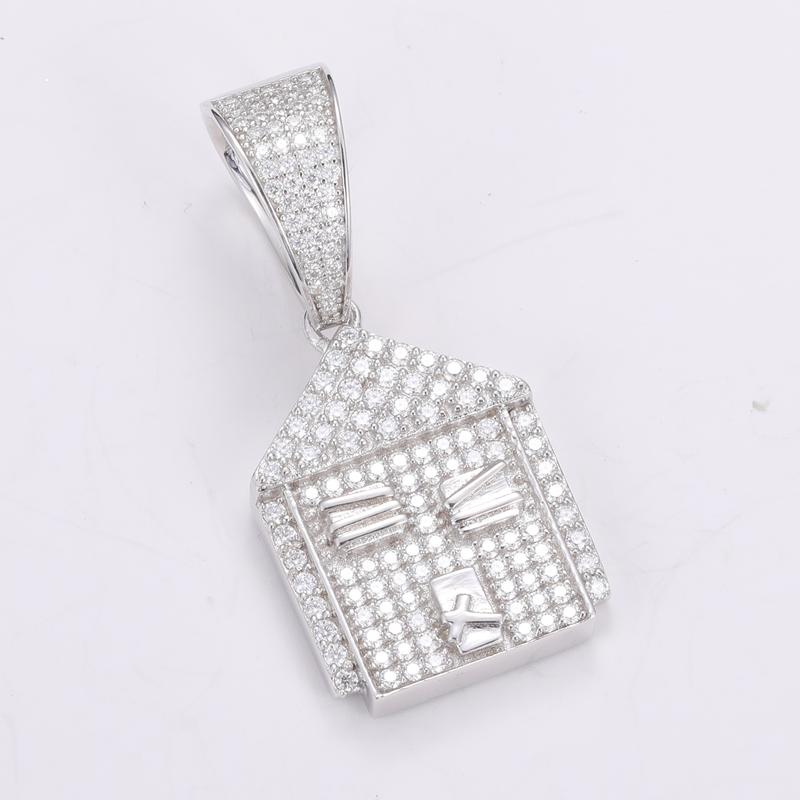 【#P289】New Synthetic Moissanite Iced Out Bling House Shaped Pendants Necklaces 925 Sterling Silver Charm For Men Women Hip Hop Jewelry Gifts