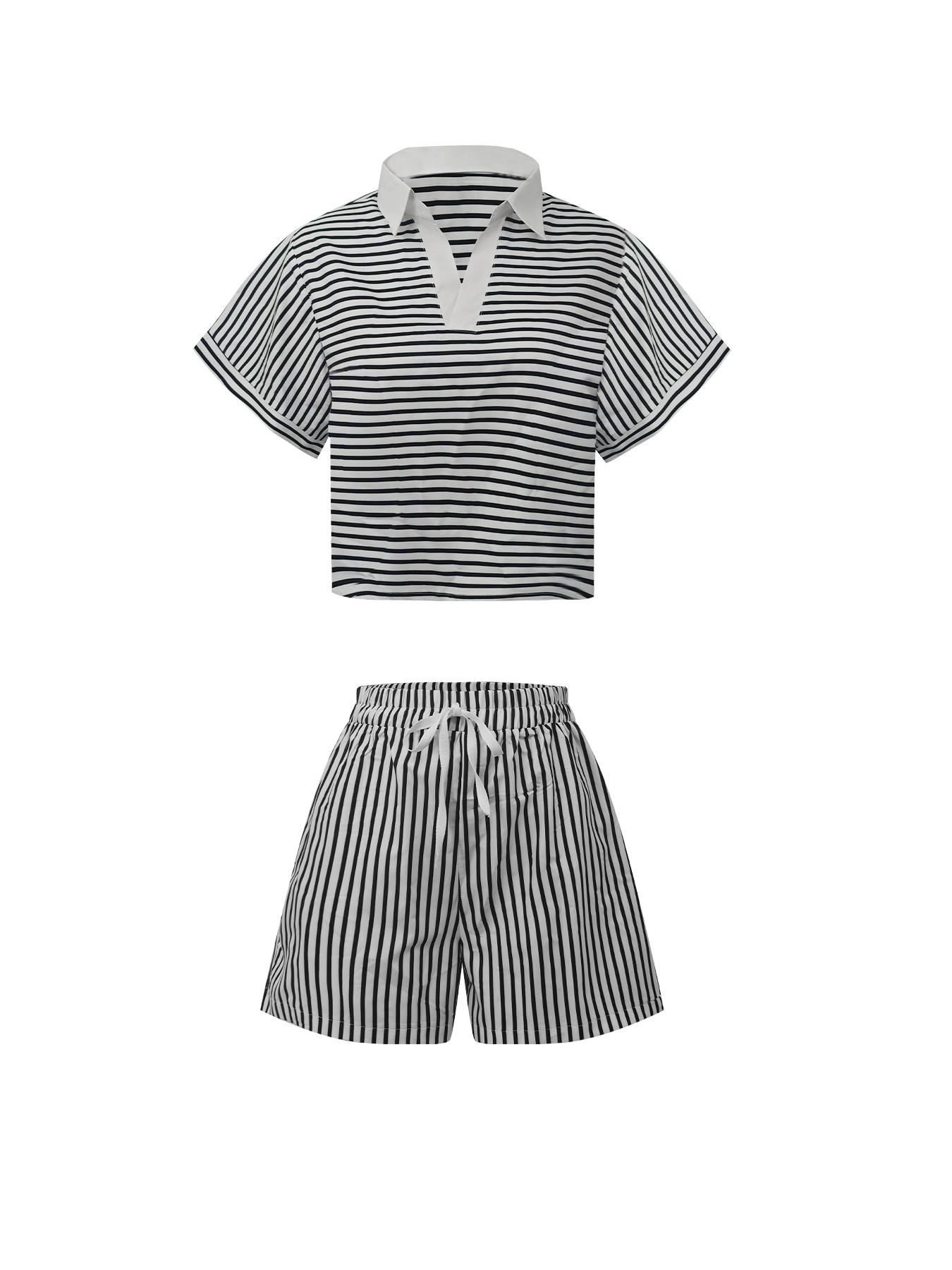 2-Piece Set Collared Button-Front Fitted Striped Vest + Elastic Waist Adjustable Short Pants, Casual Home, Loose Fit, Sleeveless, Clothes Matching Set Summer