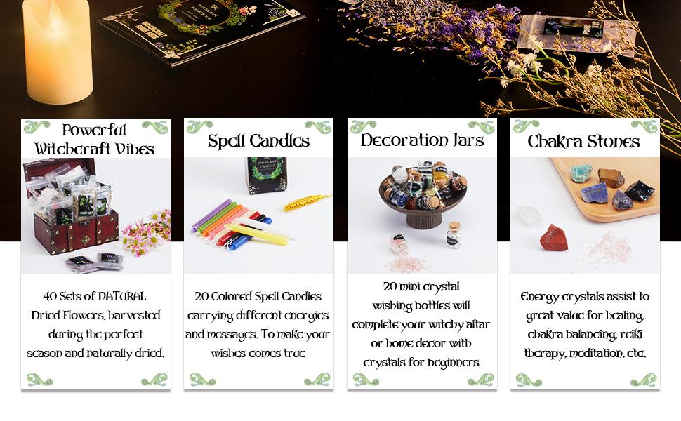 SHYSHINY 150Pack Witchcraft Supplies Kit Wiccan Supplies and Tools Witchy Gifts for Beginners, Dried Herbs, Crystals, Candles, Green Witch Altar Starter Spell