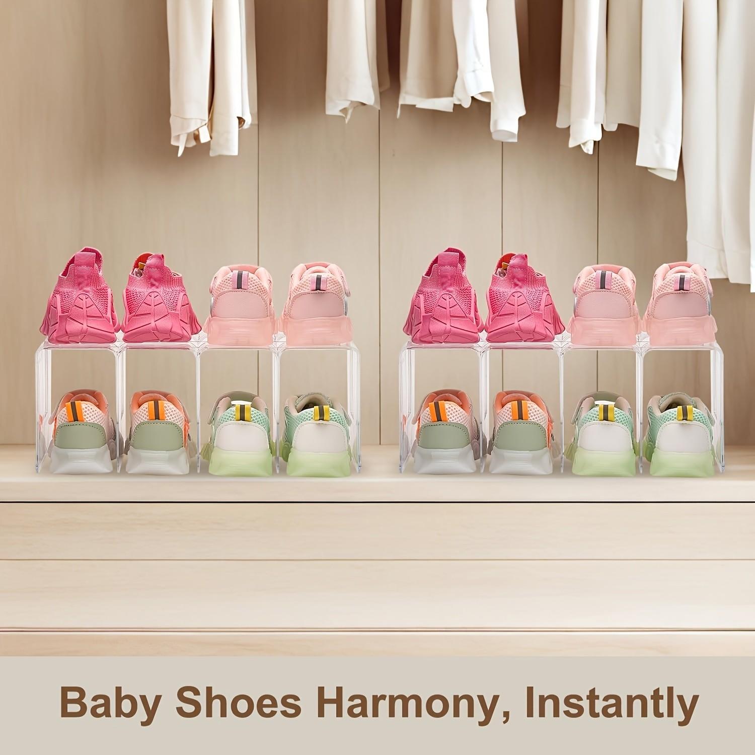 Transparent Acrylic Kids Shoe Rack, Small Closet Organizer, 4-Compartment Baby Shoes Storage, Stackable Shoe Shelf (4-Piece Set)